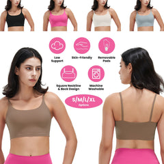 Women Strap Sport Bras Padded Strappy Crop Square Neck Low Impact Bras Sexy Fitness Tank Tops with Removable Pads Flat Straps for Gym Yoga Workout Run