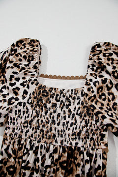 Brown Leopard Print Puff Sleeve Ricrac Maxi Dress