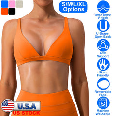 Women Deep V-Neck Sports Bras U-Shaped Back Sport Bras Padded Strappy Crop Open Back Low Impact Bras Sexy Fitness Tank Tops with Removable Pads for Gy