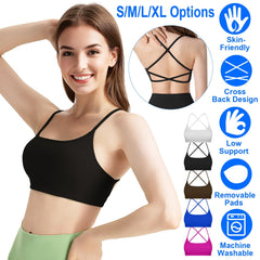 Women Cross Back Sport Bras Padded Strappy Crop Open Back Low Impact Bras Sexy Fitness Tank Tops with Removable Pads Thin Straps for Gym Yoga Workout