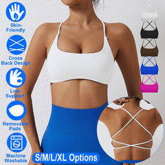 Women Cross Back Sport Bras Padded Strappy Crop Open Back Low Impact Bras Sexy Fitness Tank Tops with Removable Pads Thin Straps for Gym Yoga Workout