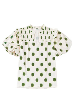 Black Polka Dot Print Smocked Notched Neck Balloon Sleeve Blouse