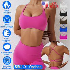 Women Cross Back Sport Bras Padded Strappy Crop Open Back Low Impact Bras Sexy Fitness Tank Tops with Removable Pads Thin Straps for Gym Yoga Workout