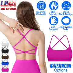 Women Cross Back Sport Bras Padded Strappy Crop Open Back Low Impact Bras Sexy Fitness Tank Tops with Removable Pads Thin Straps for Gym Yoga Workout