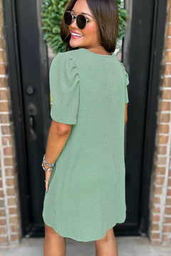 Blossom Corded Crew Neck Puff Sleeve Mini Dress