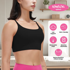 Women Strap Sport Bras Padded Strappy Crop Square Neck Low Impact Bras Sexy Fitness Tank Tops with Removable Pads Flat Straps for Gym Yoga Workout Run