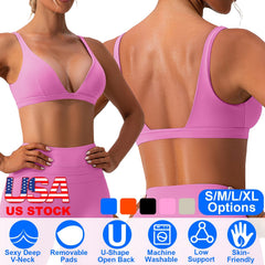 Women Deep V-Neck Sports Bras U-Shaped Back Sport Bras Padded Strappy Crop Open Back Low Impact Bras Sexy Fitness Tank Tops with Removable Pads for Gy