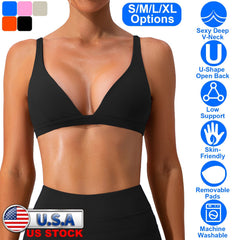 Women Deep V-Neck Sports Bras U-Shaped Back Sport Bras Padded Strappy Crop Open Back Low Impact Bras Sexy Fitness Tank Tops with Removable Pads for Gy