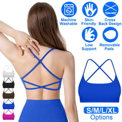 Women Cross Back Sport Bras Padded Strappy Crop Open Back Low Impact Bras Sexy Fitness Tank Tops with Removable Pads Thin Straps for Gym Yoga Workout