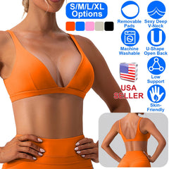 Women Deep V-Neck Sports Bras U-Shaped Back Sport Bras Padded Strappy Crop Open Back Low Impact Bras Sexy Fitness Tank Tops with Removable Pads for Gy