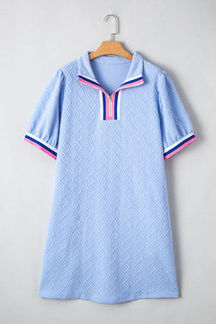 Beau Blue Striped Pop of Color Collared Checkered Textured Plus Size Dress