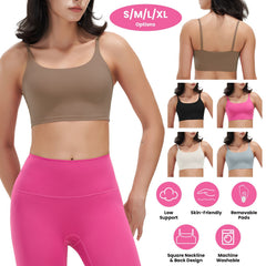 Women Strap Sport Bras Padded Strappy Crop Square Neck Low Impact Bras Sexy Fitness Tank Tops with Removable Pads Flat Straps for Gym Yoga Workout Run