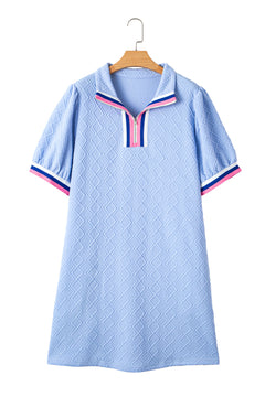 Beau Blue Striped Pop of Color Collared Checkered Textured Plus Size Dress