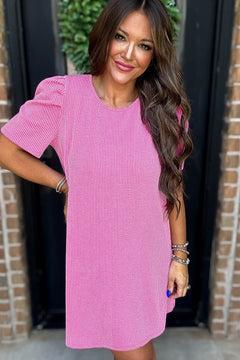 Blossom Corded Crew Neck Puff Sleeve Mini Dress