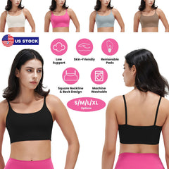 Women Strap Sport Bras Padded Strappy Crop Square Neck Low Impact Bras Sexy Fitness Tank Tops with Removable Pads Flat Straps for Gym Yoga Workout Run