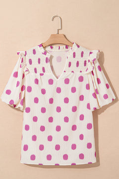 Black Polka Dot Print Smocked Notched Neck Balloon Sleeve Blouse