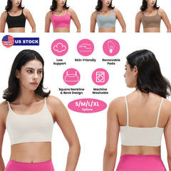 Women Strap Sport Bras Padded Strappy Crop Square Neck Low Impact Bras Sexy Fitness Tank Tops with Removable Pads Flat Straps for Gym Yoga Workout Run