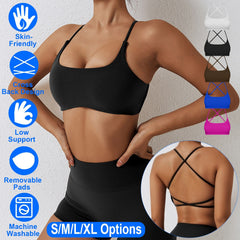 Women Cross Back Sport Bras Padded Strappy Crop Open Back Low Impact Bras Sexy Fitness Tank Tops with Removable Pads Thin Straps for Gym Yoga Workout