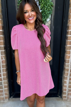 Blossom Corded Crew Neck Puff Sleeve Mini Dress