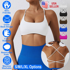 Women Cross Back Sport Bras Padded Strappy Crop Open Back Low Impact Bras Sexy Fitness Tank Tops with Removable Pads Thin Straps for Gym Yoga Workout
