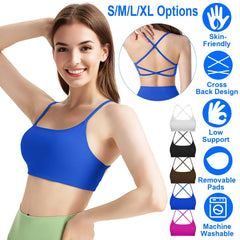Women Cross Back Sport Bras Padded Strappy Crop Open Back Low Impact Bras Sexy Fitness Tank Tops with Removable Pads Thin Straps for Gym Yoga Workout