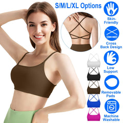 Women Cross Back Sport Bras Padded Strappy Crop Open Back Low Impact Bras Sexy Fitness Tank Tops with Removable Pads Thin Straps for Gym Yoga Workout