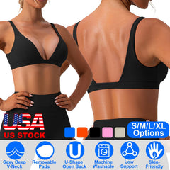 Women Deep V-Neck Sports Bras U-Shaped Back Sport Bras Padded Strappy Crop Open Back Low Impact Bras Sexy Fitness Tank Tops with Removable Pads for Gy