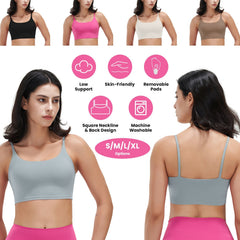 Women Strap Sport Bras Padded Strappy Crop Square Neck Low Impact Bras Sexy Fitness Tank Tops with Removable Pads Flat Straps for Gym Yoga Workout Run