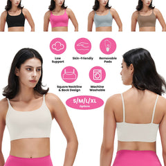 Women Strap Sport Bras Padded Strappy Crop Square Neck Low Impact Bras Sexy Fitness Tank Tops with Removable Pads Flat Straps for Gym Yoga Workout Run