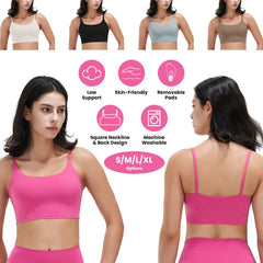 Women Strap Sport Bras Padded Strappy Crop Square Neck Low Impact Bras Sexy Fitness Tank Tops with Removable Pads Flat Straps for Gym Yoga Workout Run