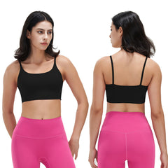 Women Strap Sport Bras Padded Strappy Crop Square Neck Low Impact Bras Sexy Fitness Tank Tops with Removable Pads Flat Straps for Gym Yoga Workout Run