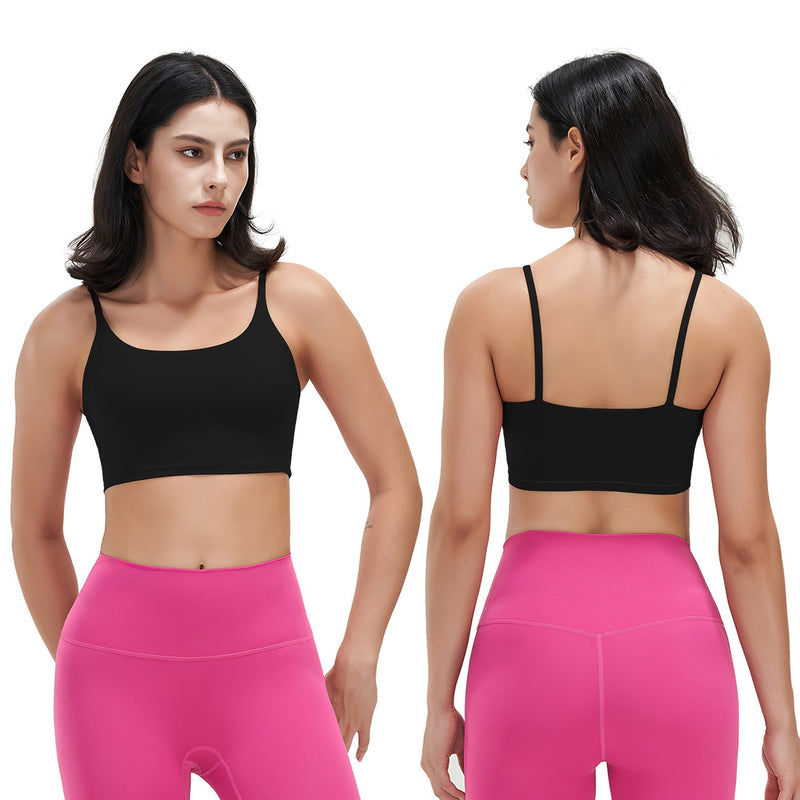 Women Strap Sport Bras Padded Strappy Crop Square Neck Low Impact Bras Sexy Fitness Tank Tops with Removable Pads Flat Straps for Gym Yoga Workout Run
