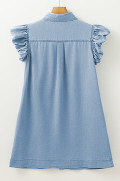 Beau Blue Flutter Sleeve Shirred Button Up Denim Mini Dress