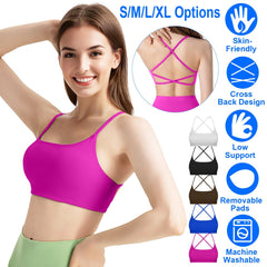 Women Cross Back Sport Bras Padded Strappy Crop Open Back Low Impact Bras Sexy Fitness Tank Tops with Removable Pads Thin Straps for Gym Yoga Workout