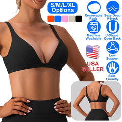 Women Deep V-Neck Sports Bras U-Shaped Back Sport Bras Padded Strappy Crop Open Back Low Impact Bras Sexy Fitness Tank Tops with Removable Pads for Gy