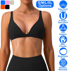 Women Deep V-Neck Sports Bras U-Shaped Back Sport Bras Padded Strappy Crop Open Back Low Impact Bras Sexy Fitness Tank Tops with Removable Pads for Gy