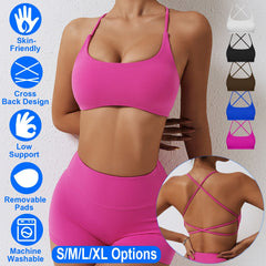 Women Cross Back Sport Bras Padded Strappy Crop Open Back Low Impact Bras Sexy Fitness Tank Tops with Removable Pads Thin Straps for Gym Yoga Workout