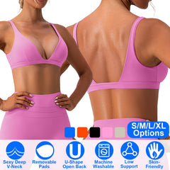 Women Deep V-Neck Sports Bras U-Shaped Back Sport Bras Padded Strappy Crop Open Back Low Impact Bras Sexy Fitness Tank Tops with Removable Pads for Gy