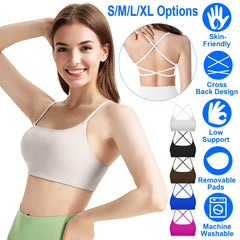 Women Cross Back Sport Bras Padded Strappy Crop Open Back Low Impact Bras Sexy Fitness Tank Tops with Removable Pads Thin Straps for Gym Yoga Workout
