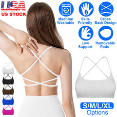Women Cross Back Sport Bras Padded Strappy Crop Open Back Low Impact Bras Sexy Fitness Tank Tops with Removable Pads Thin Straps for Gym Yoga Workout