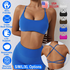 Women Cross Back Sport Bras Padded Strappy Crop Open Back Low Impact Bras Sexy Fitness Tank Tops with Removable Pads Thin Straps for Gym Yoga Workout