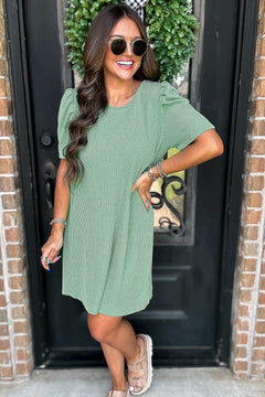 Blossom Corded Crew Neck Puff Sleeve Mini Dress