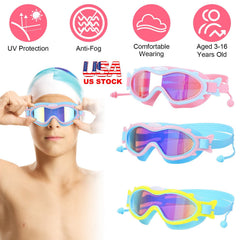 Kids Swim Goggles With Ear Plugs UV Protection Anti-Fog Leak Proof Wide View Pool Swimming Goggles For Youth Boys Girls Aged 3-16 Years Old Summer Bea