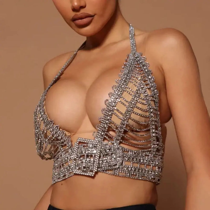 V-neck Rhinestone Crystal Halter Top