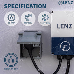 LENZ 50 Amp 125/250V NEMA 14-50 Power Outlet Box, Weatherproof Lockable Receptacle, ETL Safety Certified, for EVs RV Camper Trailer Home (NOT for Continuous Use)