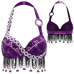 Sequin Beaded Fringe Tassel Performance Costume Halter Bra Top