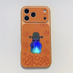 Luxury Cartoon God Of Wealth Laser Leather Texture Phone Case For iPhone