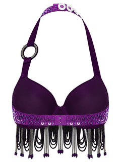 Sequin Beaded Fringe Tassel Performance Costume Halter Bra Top