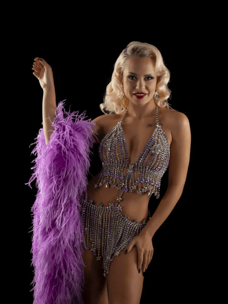 Rhinestone Fringe Tassel Skirt And Bra Set