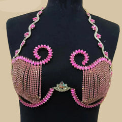 Vibrant Rhinestone Glass Metal Swirl Chain Bra Top